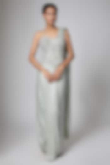 Silver Silk Blend Crystal Embellished Read-To-Wear Wedding Saree Set by ORGANZZA at Pernia's Pop Up Shop