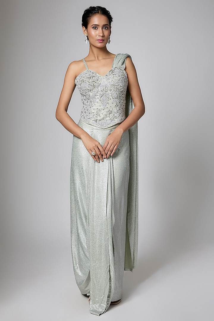 Silver Silk Blend Crystal Embellished Read-To-Wear Wedding Saree Set by ORGANZZA at Pernia's Pop Up Shop