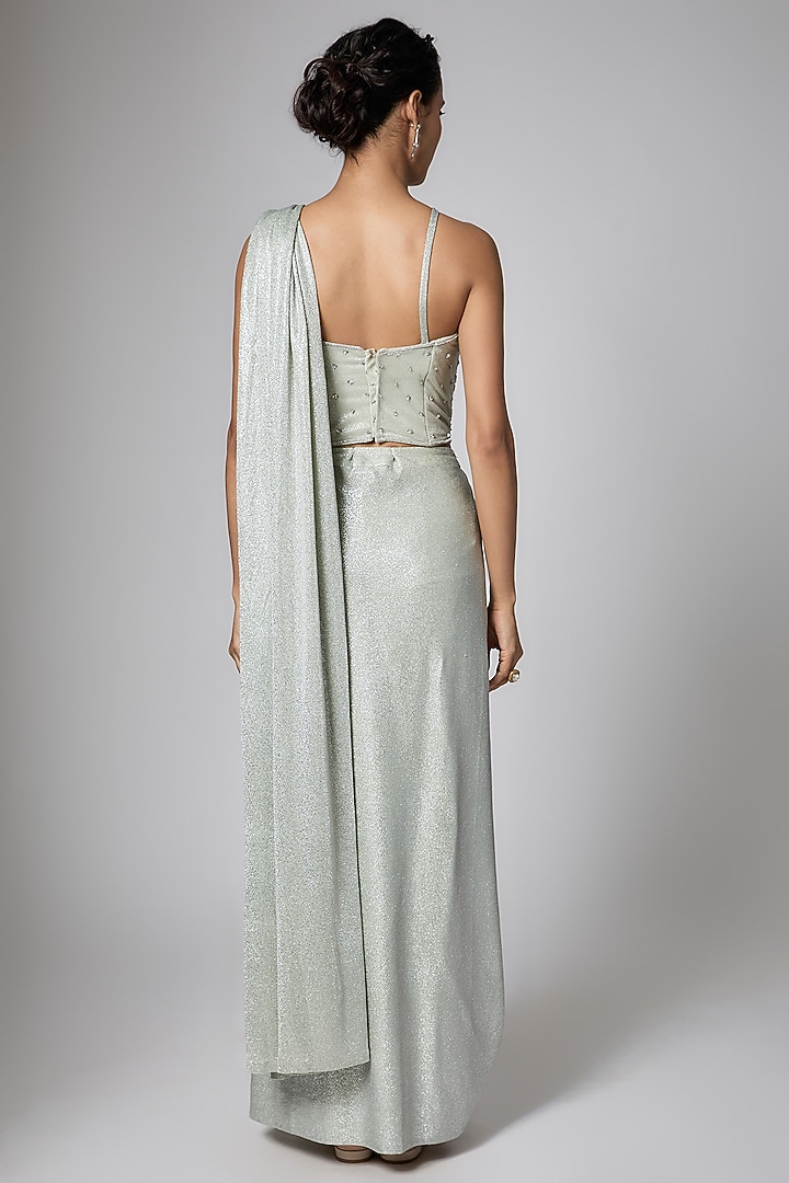 Silver Silk Blend Crystal Embellished Read-To-Wear Wedding Saree Set by ORGANZZA at Pernia's Pop Up Shop