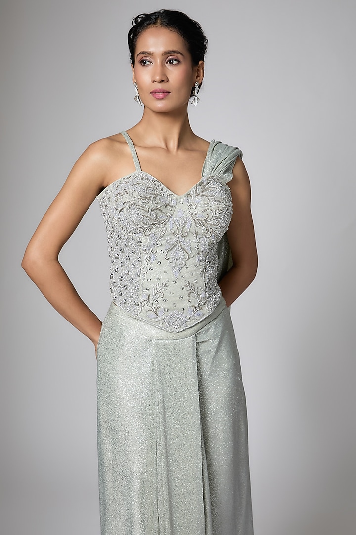 Silver Silk Blend Crystal Embellished Read-To-Wear Wedding Saree Set by ORGANZZA at Pernia's Pop Up Shop