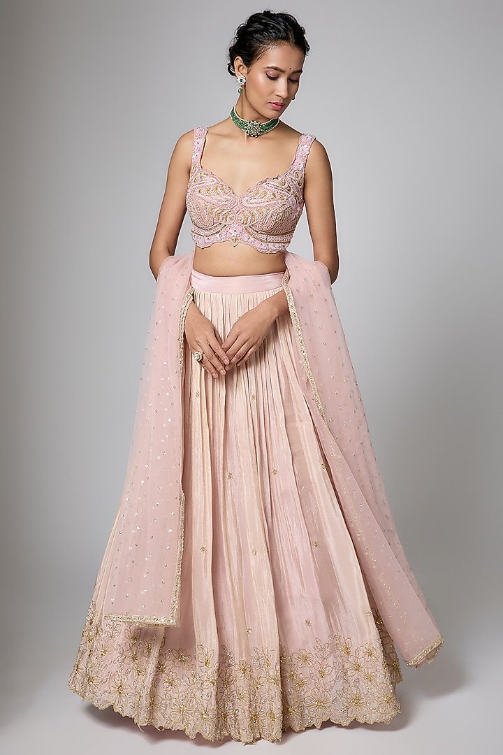 Peach Silk Brocade Zari Woven Motifs Work Wedding Lehenga Set by ORGANZZA at Pernia's Pop Up Shop