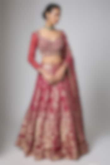 Maroon Silk Brocade Butta Printed & Jaal Embroidered Wedding Lehenga Set by ORGANZZA at Pernia's Pop Up Shop