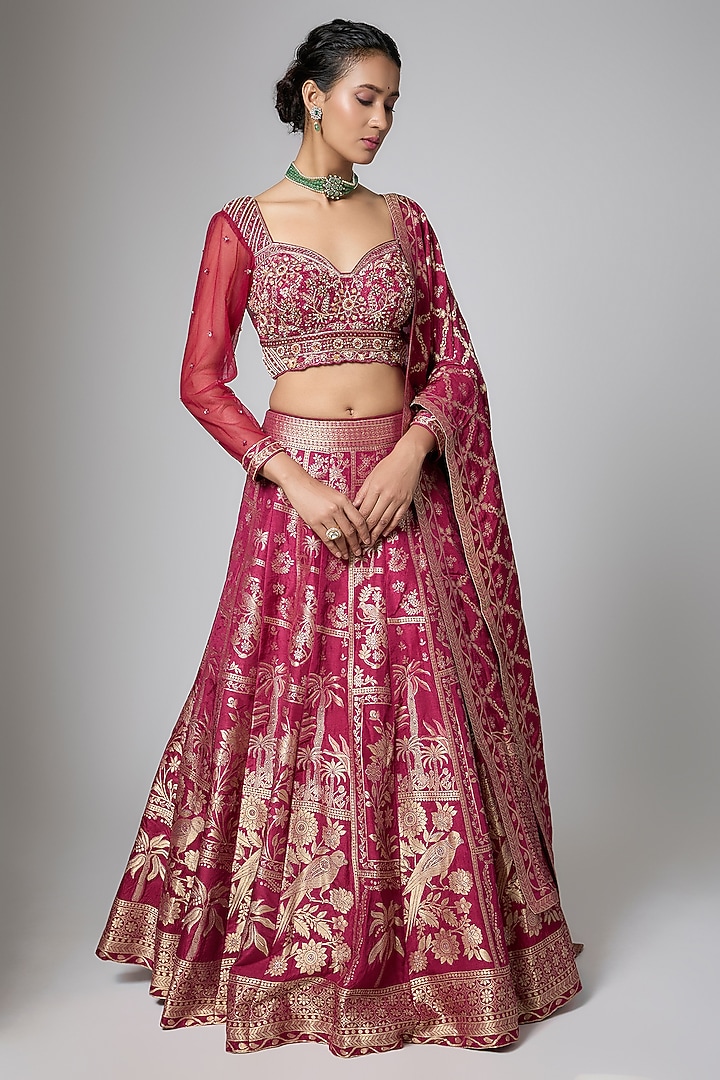Maroon Silk Brocade Butta Printed & Jaal Embroidered Wedding Lehenga Set by ORGANZZA at Pernia's Pop Up Shop