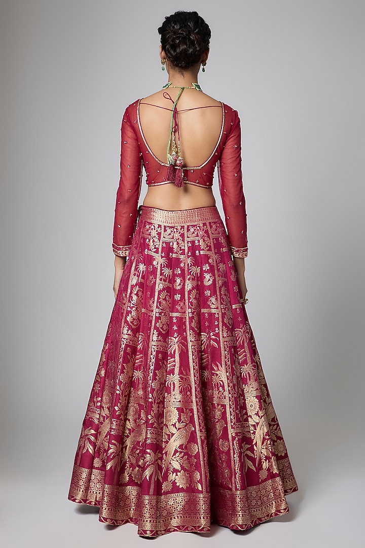 Maroon Silk Brocade Butta Printed & Jaal Embroidered Wedding Lehenga Set by ORGANZZA at Pernia's Pop Up Shop