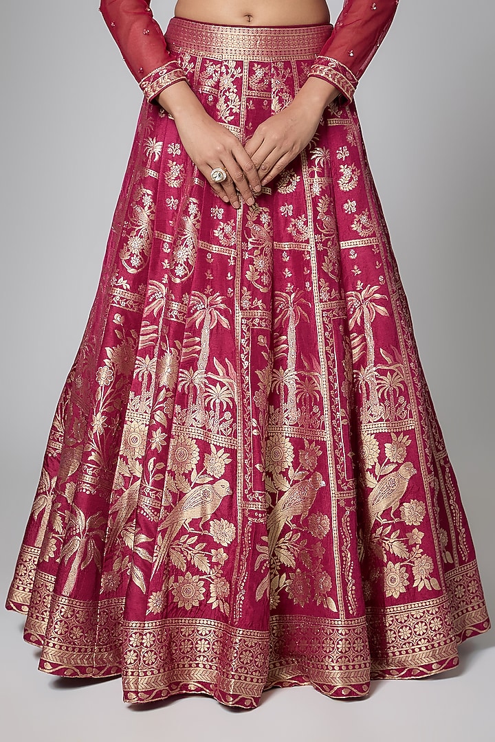 Maroon Silk Brocade Butta Printed & Jaal Embroidered Wedding Lehenga Set by ORGANZZA at Pernia's Pop Up Shop