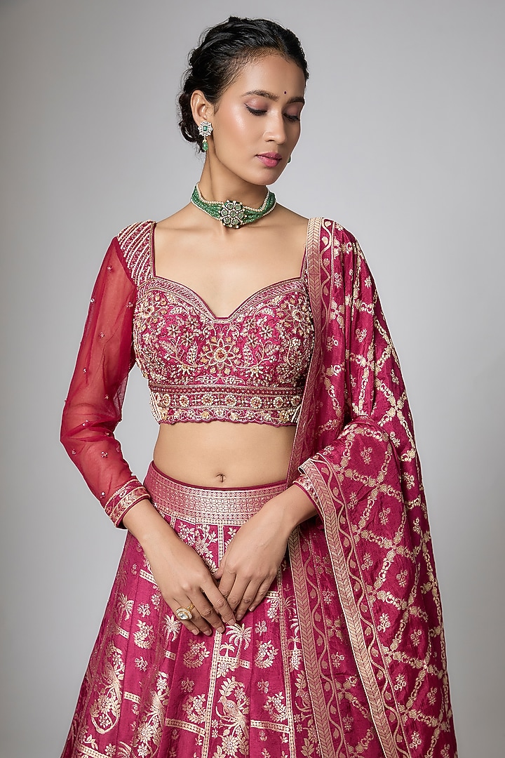 Maroon Silk Brocade Butta Printed & Jaal Embroidered Wedding Lehenga Set by ORGANZZA at Pernia's Pop Up Shop