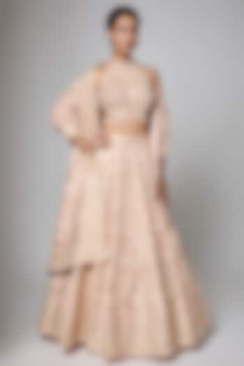 Rose Gold Silk Brocade Butta Printed & Motifs Embroidered Wedding Lehenga Set by ORGANZZA at Pernia's Pop Up Shop