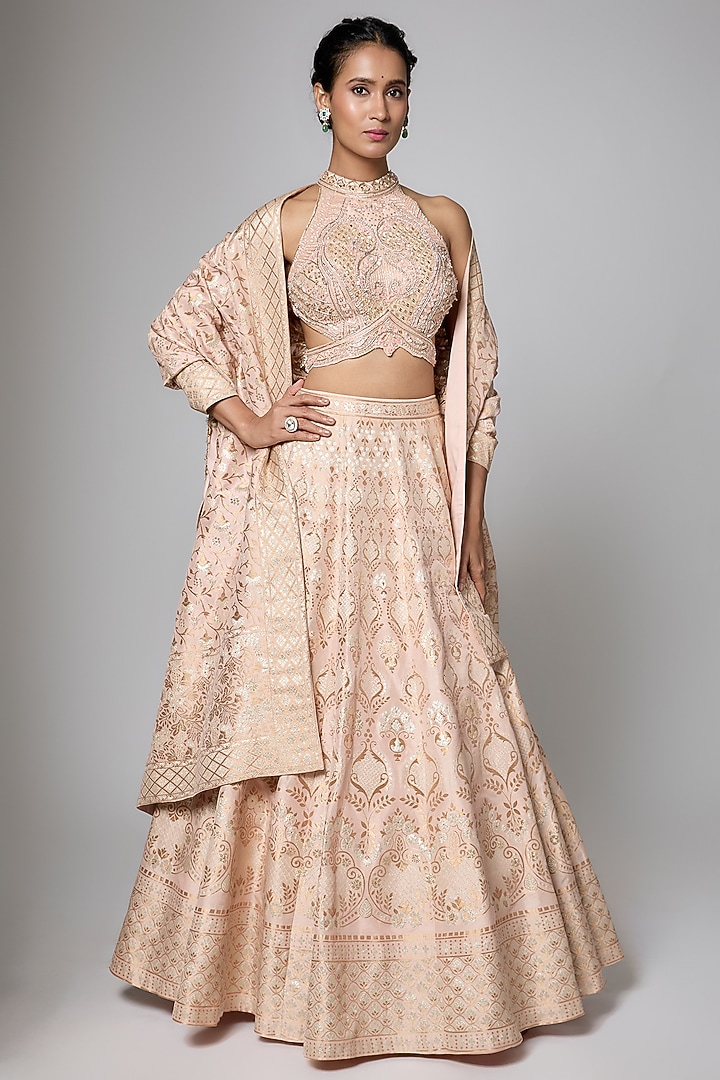 Rose Gold Silk Brocade Butta Printed & Motifs Embroidered Wedding Lehenga Set by ORGANZZA at Pernia's Pop Up Shop