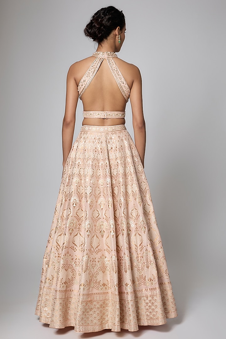 Rose Gold Silk Brocade Butta Printed & Motifs Embroidered Wedding Lehenga Set by ORGANZZA at Pernia's Pop Up Shop