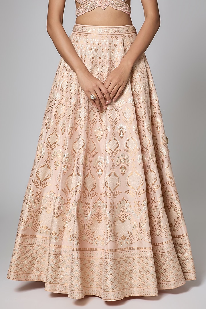Rose Gold Silk Brocade Butta Printed & Motifs Embroidered Wedding Lehenga Set by ORGANZZA at Pernia's Pop Up Shop