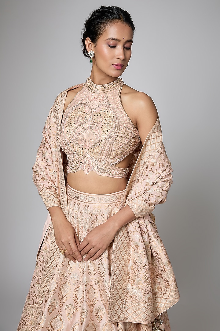 Rose Gold Silk Brocade Butta Printed & Motifs Embroidered Wedding Lehenga Set by ORGANZZA at Pernia's Pop Up Shop