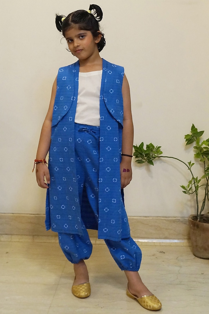 Blue Printed Jacket Set For Girls by ORCR KIDS