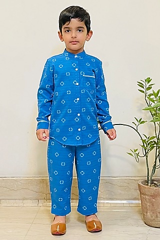 Blue Printed Pant Set For Boys by ORCR KIDS
