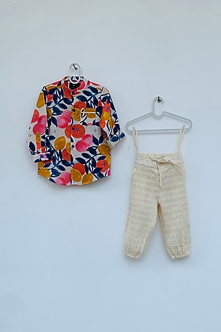 Off White Cotton Lycra Pant Set by ORCR KIDS