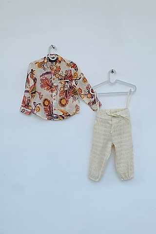 Off White Cotton Lycra Pant Set by ORCR KIDS