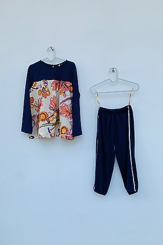 Dark Blue Jersey Pant Set For Girls by ORCR KIDS