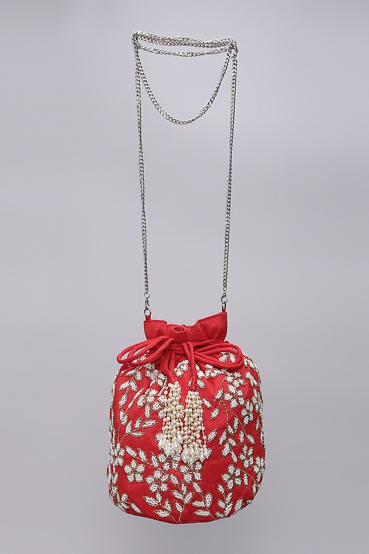 Red Pearl Embellished Potli by Ornatte at Pernia's Pop Up Shop