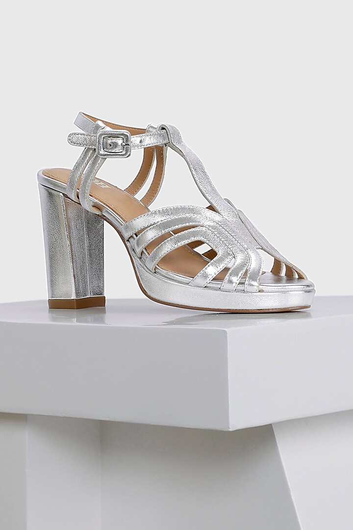 Silver Metallic Leather Platform Heels by Oroh at Pernia's Pop Up Shop