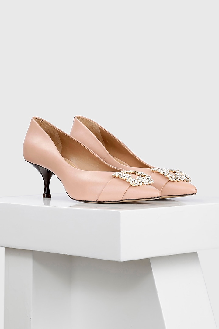 Pink Genuine Leather Embellished Kitten Heels by Oroh at Pernia's Pop Up Shop