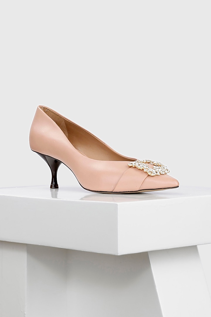 Pink Genuine Leather Embellished Kitten Heels by Oroh at Pernia's Pop Up Shop
