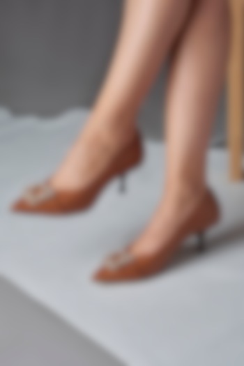 Brown Genuine Leather Embellished Kitten Heels by Oroh at Pernia's Pop Up Shop