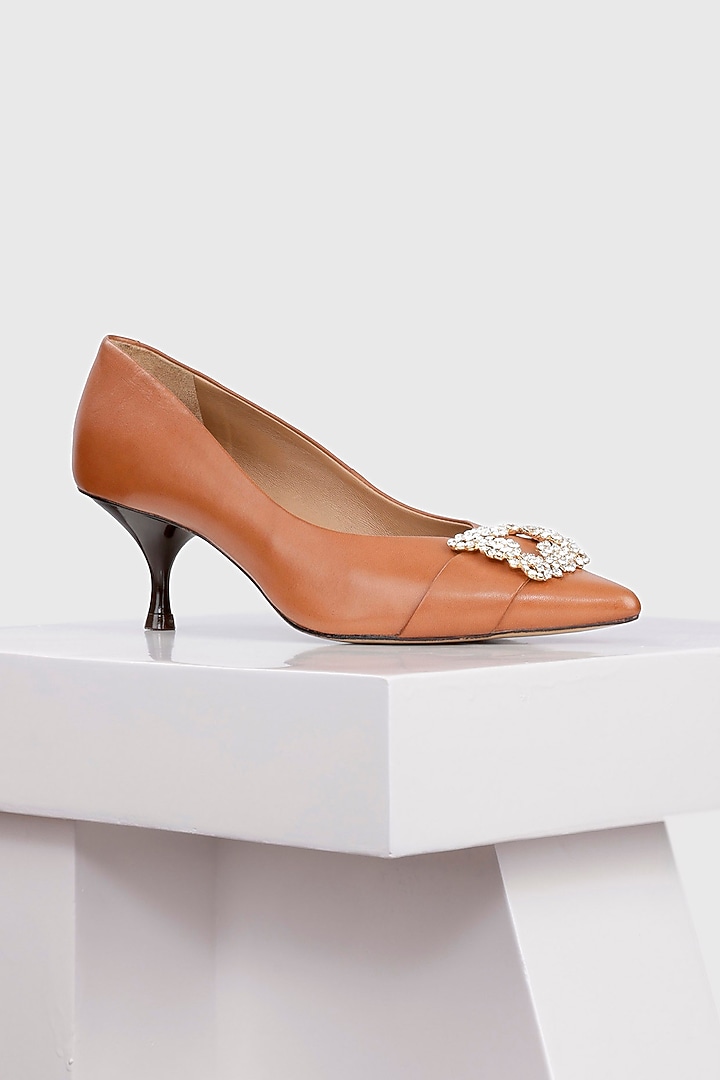 Brown Genuine Leather Embellished Kitten Heels by Oroh at Pernia's Pop Up Shop