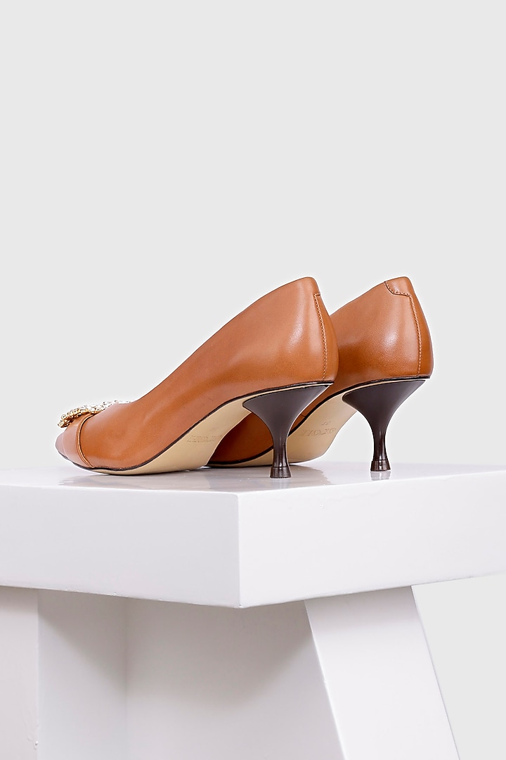 Brown Genuine Leather Embellished Kitten Heels by Oroh at Pernia's Pop Up Shop