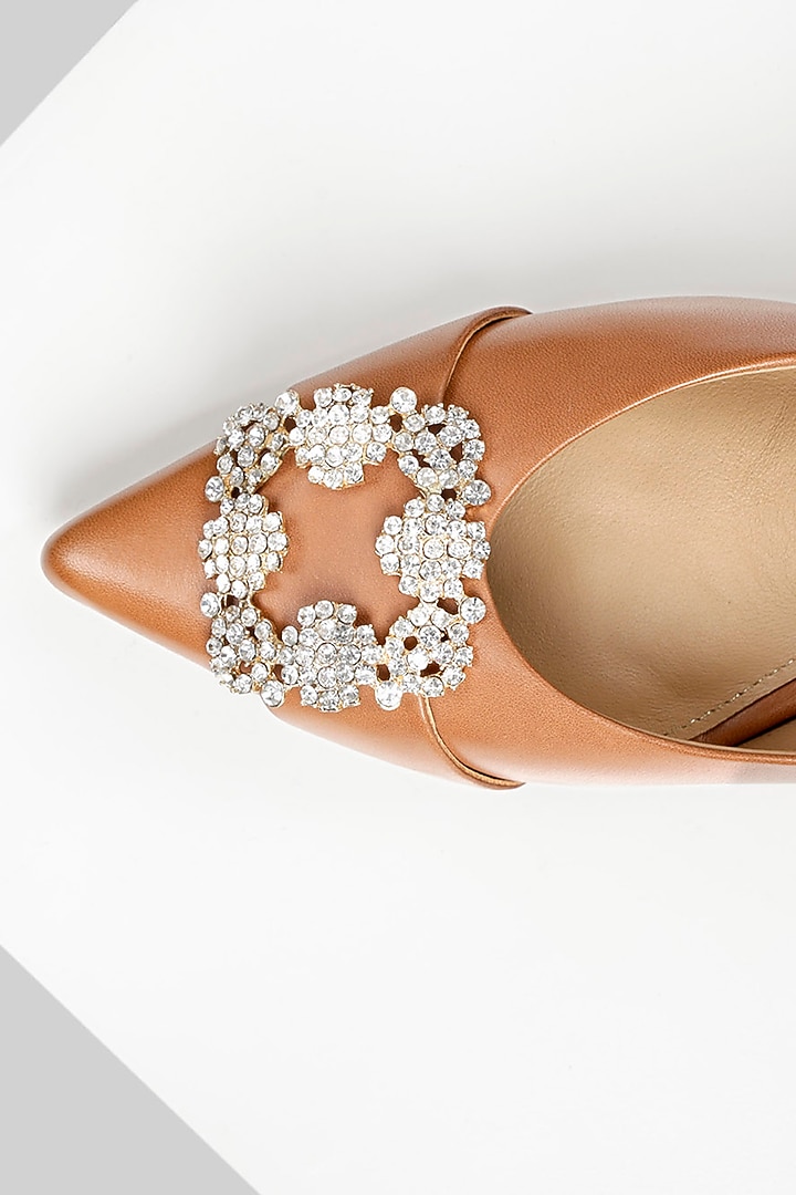Brown Genuine Leather Embellished Kitten Heels by Oroh at Pernia's Pop Up Shop