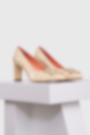 Beige Genuine Leather Square-Toe Pump Heels by Oroh at Pernia's Pop Up Shop