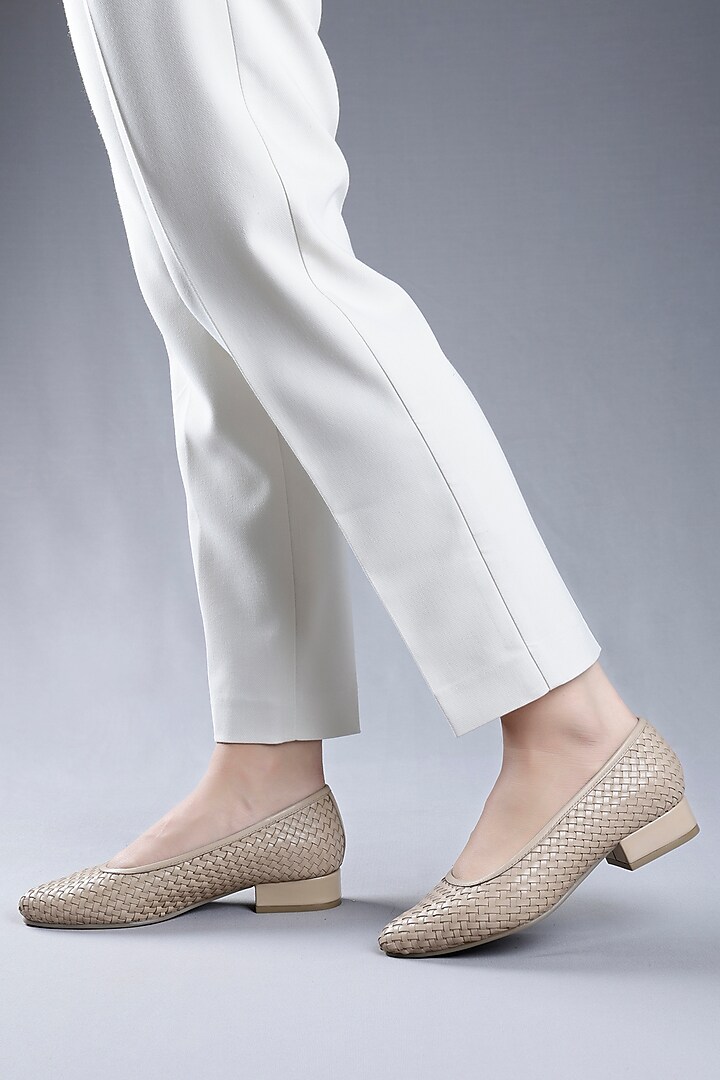 Beige Woven Leather Low-Heel Pump by Oroh at Pernia's Pop Up Shop