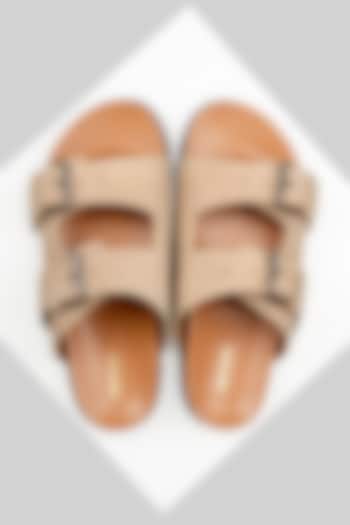 Beige Genuine Leather Buckle Strap Flats by Oroh