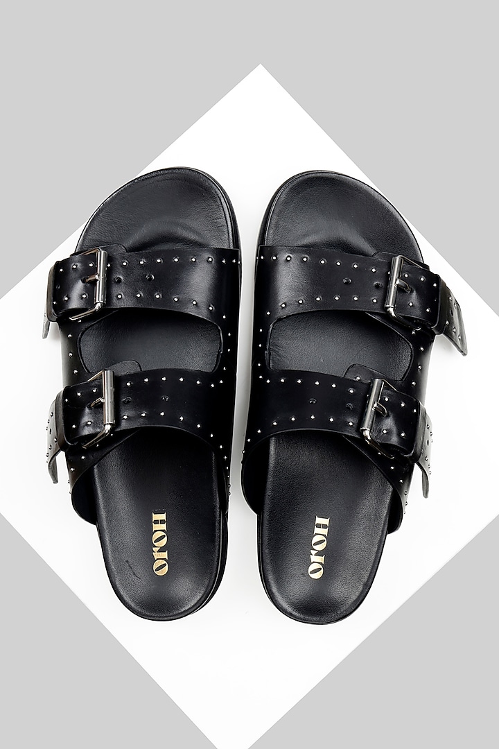 Black Genuine Leather Buckle Strap Flats by Oroh