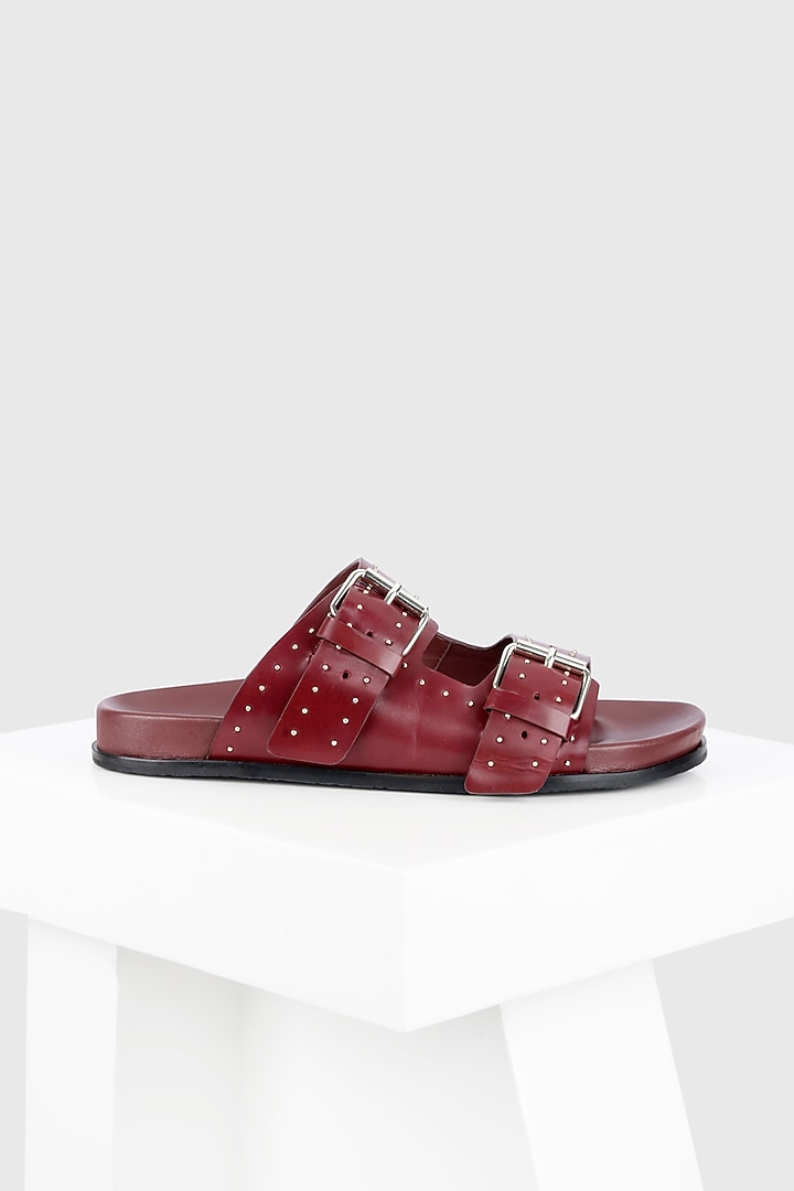 Maroon Genuine Leather Buckle Strap Flats by Oroh at Pernia's Pop Up Shop