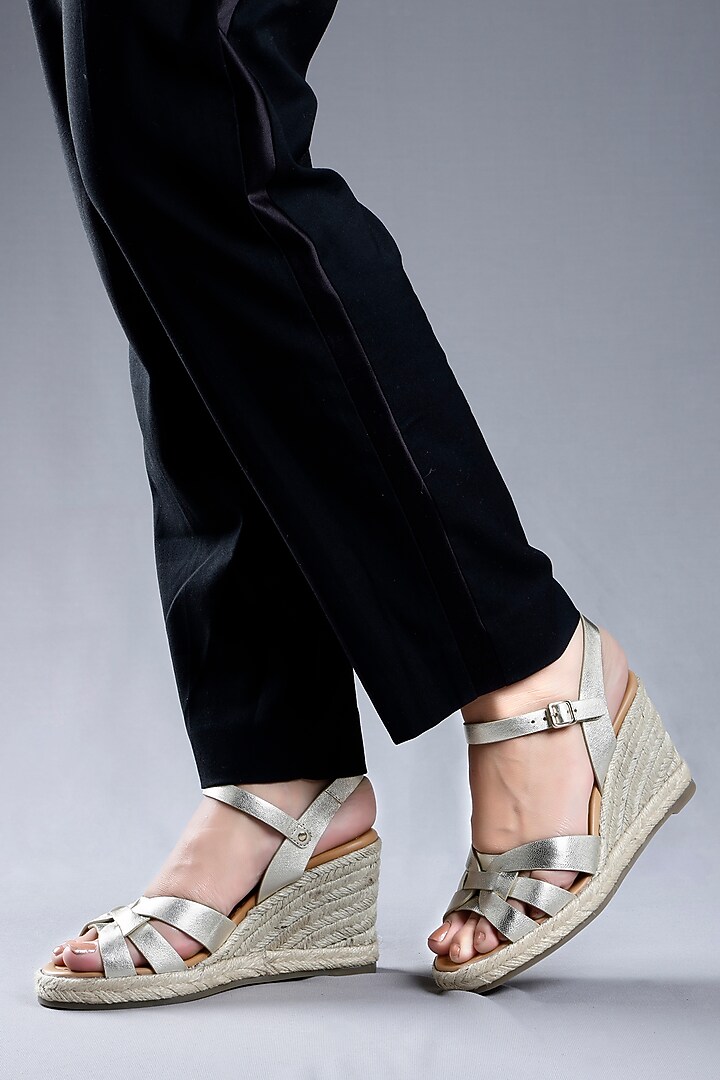 Gold Genuine Leather Jute Covered Wedges by Oroh at Pernia's Pop Up Shop