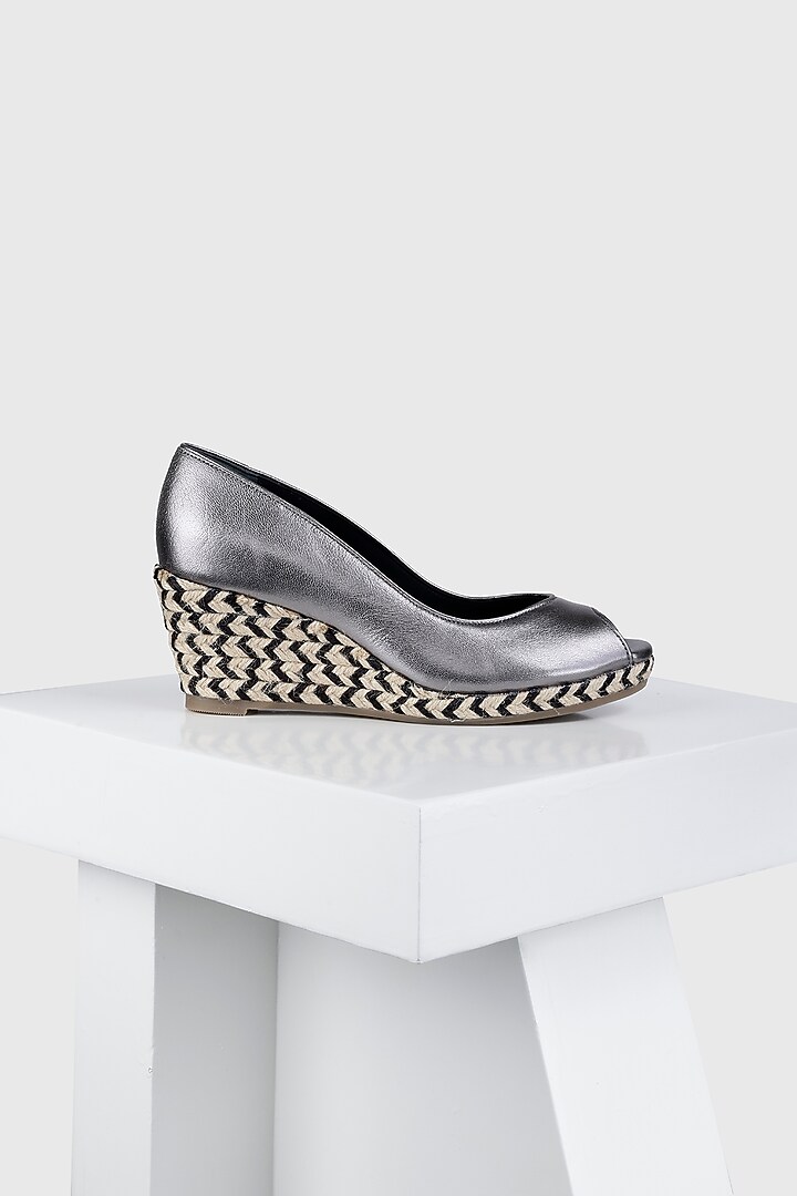 Silver Genuine Leather Jute-Covered Peep Toe Wedges by Oroh at Pernia's Pop Up Shop