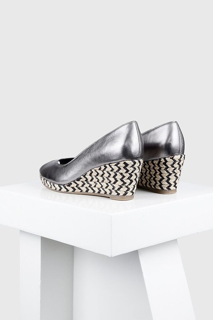 Silver Genuine Leather Jute-Covered Peep Toe Wedges by Oroh at Pernia's Pop Up Shop