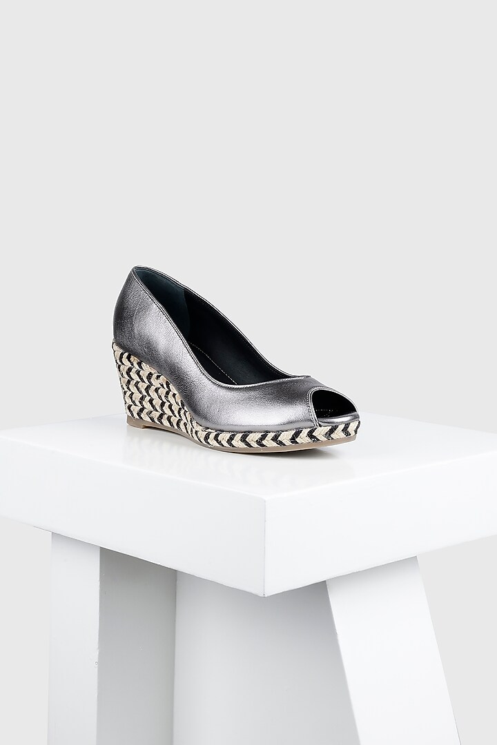 Silver Genuine Leather Jute-Covered Peep Toe Wedges by Oroh at Pernia's Pop Up Shop
