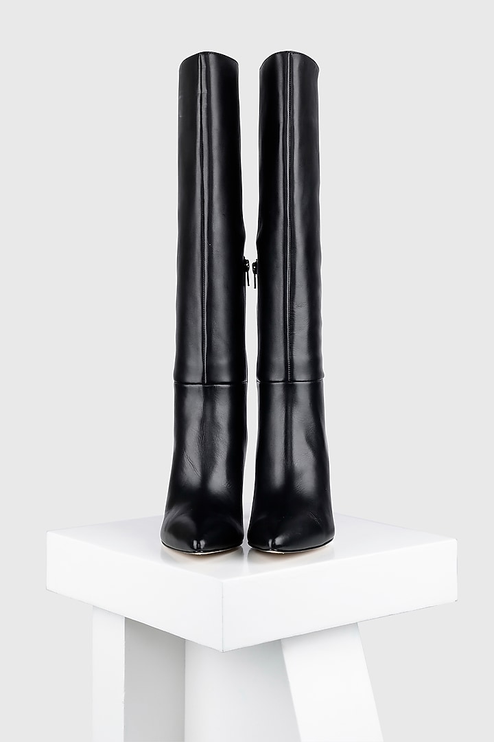 Black Premium Crust Leather Long Boot by Oroh at Pernia's Pop Up Shop