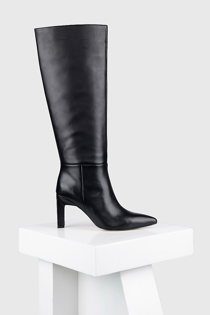 Black Premium Crust Leather Long Boot by Oroh at Pernia's Pop Up Shop