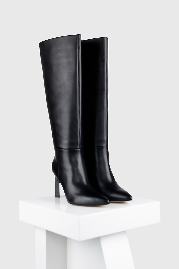 Black Premium Crust Leather Long Boot by Oroh at Pernia's Pop Up Shop