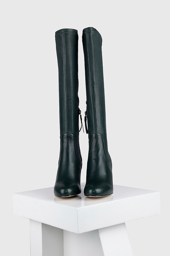 Green Stretch Leather Long Boots by Oroh at Pernia's Pop Up Shop