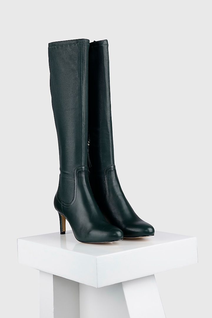 Green Stretch Leather Long Boots by Oroh at Pernia's Pop Up Shop