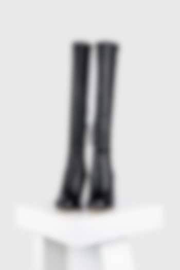 Black Stretch Leather Long Boots by Oroh at Pernia's Pop Up Shop