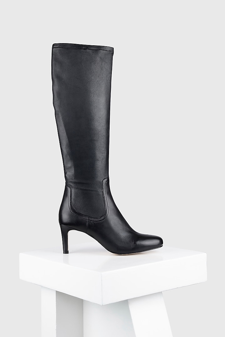Black Stretch Leather Long Boots by Oroh at Pernia's Pop Up Shop