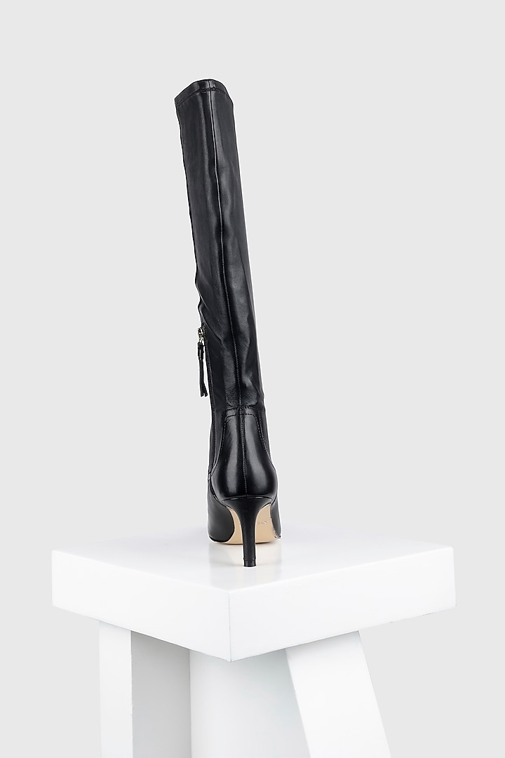 Black Stretch Leather Long Boots by Oroh at Pernia's Pop Up Shop