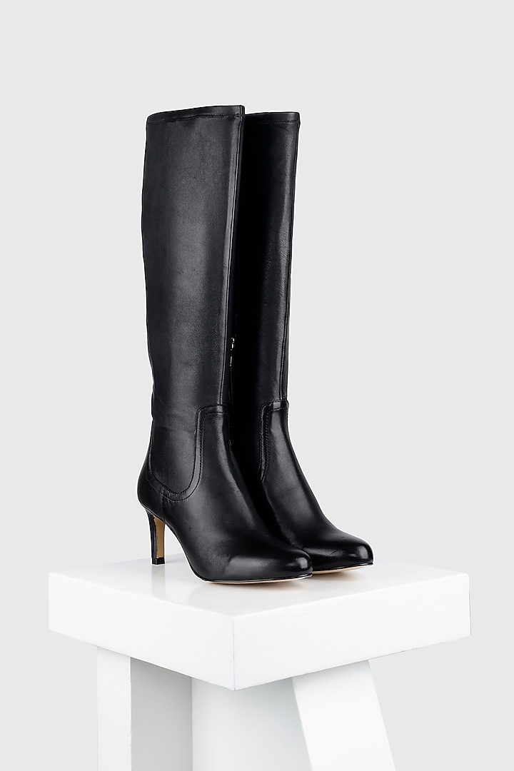 Black Stretch Leather Long Boots by Oroh at Pernia's Pop Up Shop