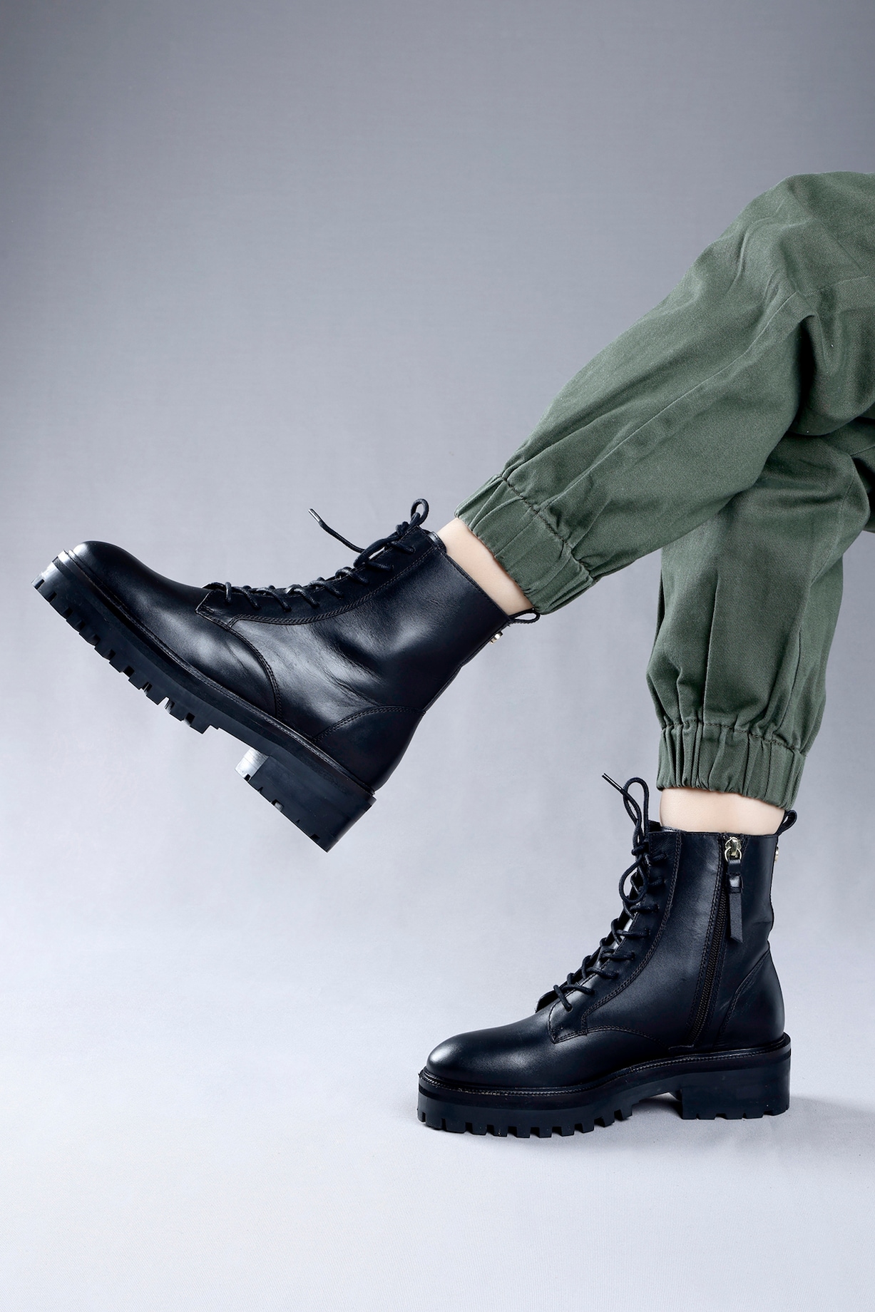 Black Genuine Leather Lace-Up Biker Boots by Oroh at Pernia's Pop Up Shop