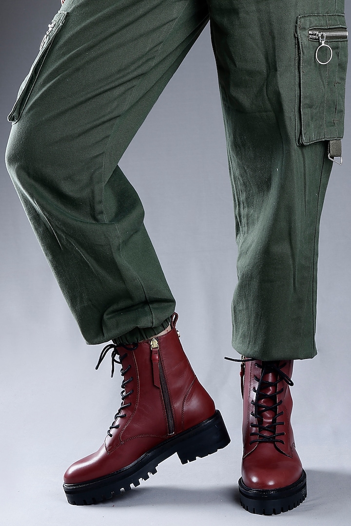 Maroon Genuine Leather Lace-Up Biker Boots by Oroh at Pernia's Pop Up Shop