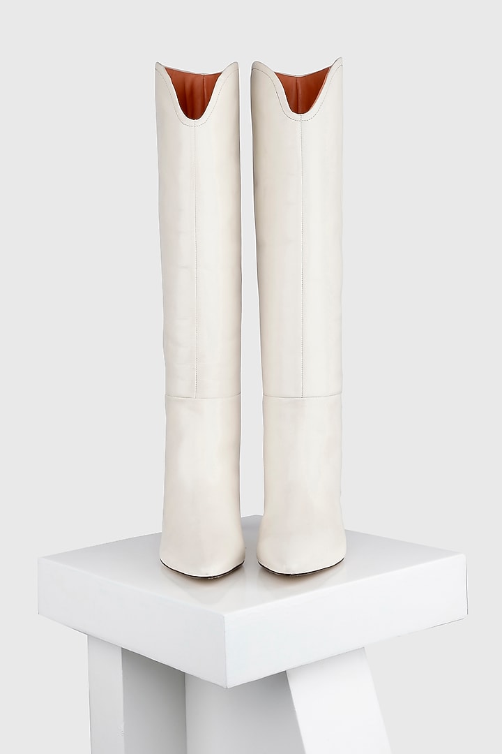 White Genuine Leather Long Boots by Oroh at Pernia's Pop Up Shop