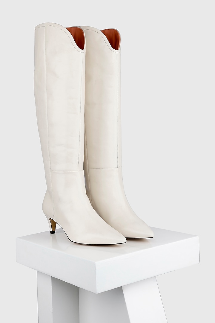 White Genuine Leather Long Boots by Oroh at Pernia's Pop Up Shop